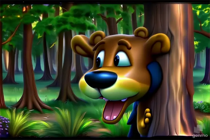 a cartoon bear peeking out from behind a tree