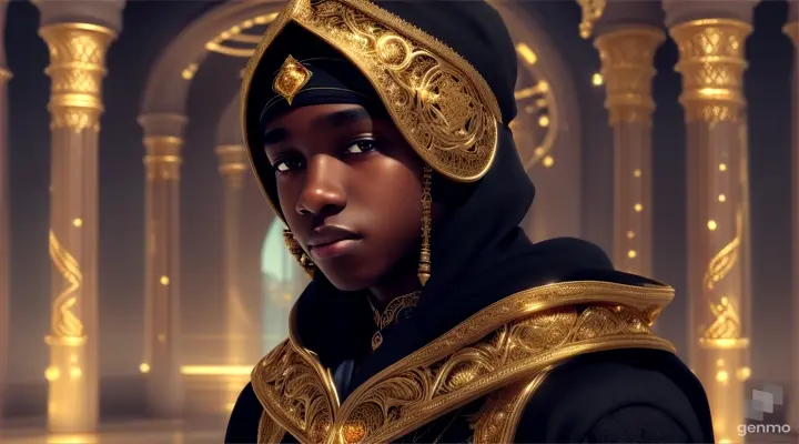 carmel-skinned Black young teen boy mystic prince wearing a white Islamic robe with gold embroidery and negative hair clean-shaven face, standing in a futuristic mystical city, majestic, futuristic, using mystic powers, close up, landscape-video size 