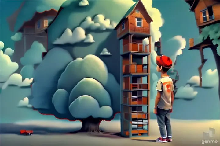 a boy standing in front of a tree house