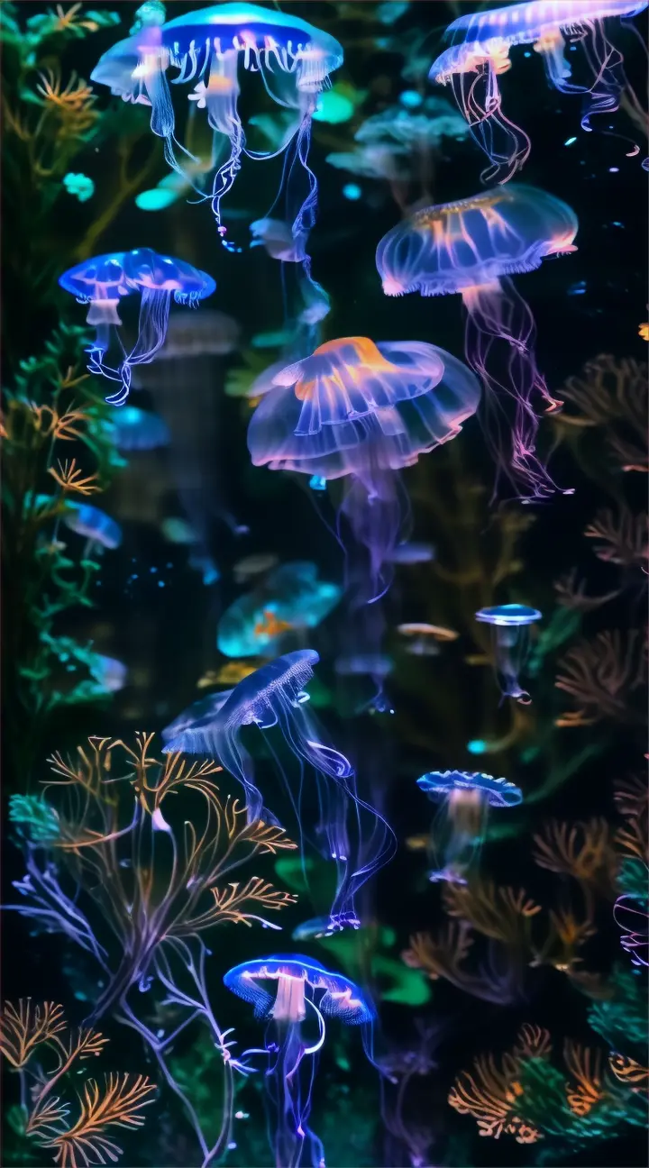 a group of jellyfish swimming in an aquarium, Various bioluminescent organisms shimmering in their natural habitat.