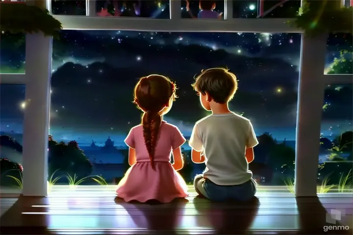 a couple of kids sitting on top of a window sill