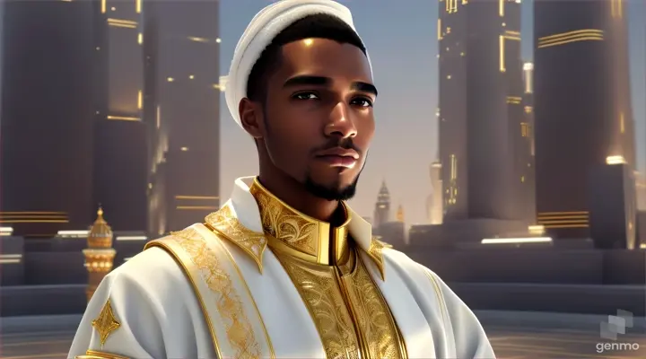 carmel-skinned Black young teen boy mystic prince wearing a white Islamic robe with gold embroidery and negative hair clean-shaven face, standing in a futuristic mystical city, majestic, futuristic, using mystic powers, close up, landscape-video size 