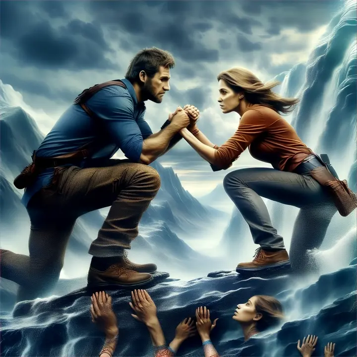 images of a man and a woman facing a challenge or danger together, demonstrating the strength of their bond and their determination to remain united.