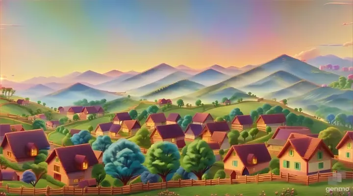 A serene village nestled amidst rolling hills. The vibrant hues of dawn paint the sky as sunlight peeks over the horizon, illuminating the village.