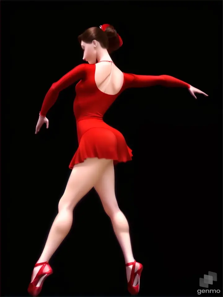 A ballerina in a red dress and a cartoon girl in a red Spanish dress appear on the stage.  a ballerina dressed as Carmen comes out.  The ballerina has a perfect body, in the image there are only two arms and two legs.  Overall plan.  Green chromakey