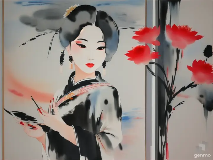 A simple and minimalist abstract painting with flowers in the background, inspired by traditional Chinese ink painting, and with a beautiful woman in traditional garb standing in the foreground