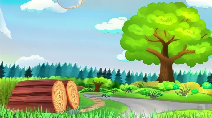 a cartoon scene with a tree and a road