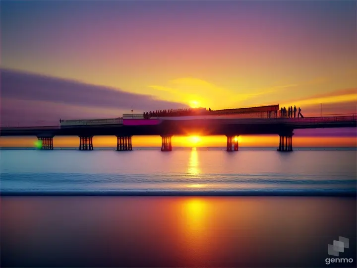 A sunrise landscape of surreal bright colors with a person at the end of a pier and in the sky the phrase "GOOD MORNING HAPPY FRIDAY" in the form of clouds of steam dynamic movements and fluid