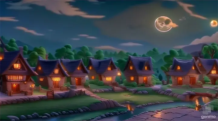 The village under the soft glow of the moon, its streets bathed in silver light, creating an ethereal atmosphere of peace and tranquility.