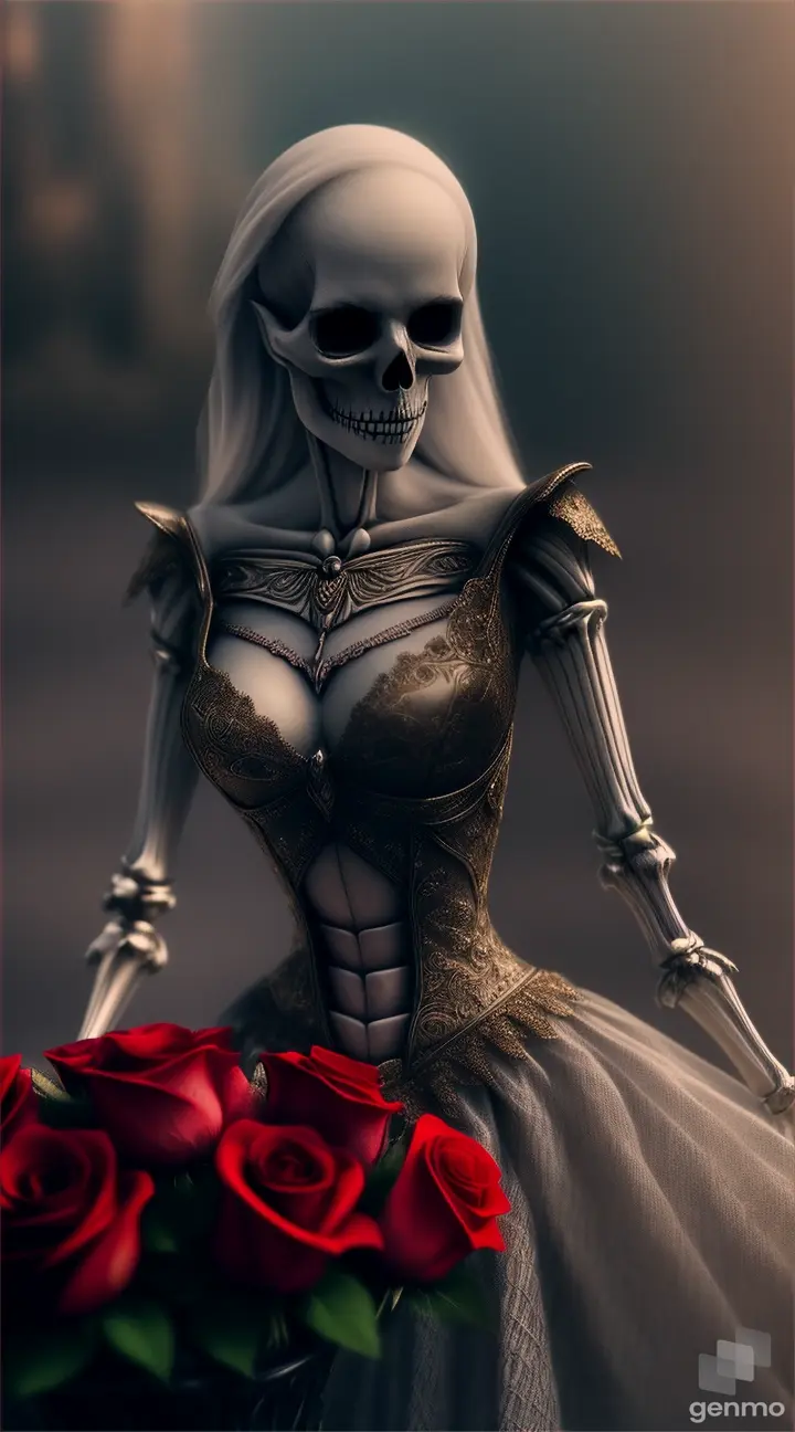 Fantasy skeleton, blended with walking woman, horror mixing love scene, high details, romantic atmosphere, roses in red. Realistic image, HDR quality, great details Cinematic film still, shot on v-raptor XL, film grain, vignette, color graded, post-processed, cinematic lighting, 35mm film, live-action, best quality, atmospheric, a masterpiece, epic, stunning, dramatic