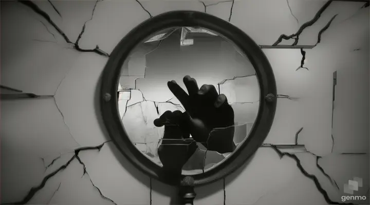 A trembling hand holding a cracked mirror.