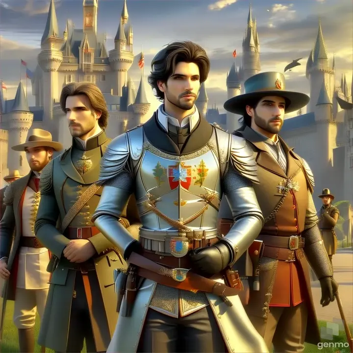 a group of men standing next to each other in front of a castle