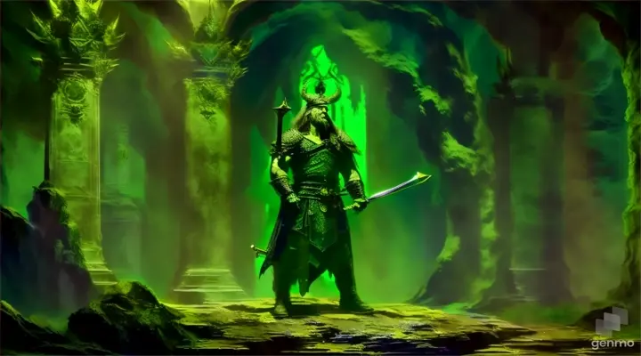 a man standing in a cave holding a sword
