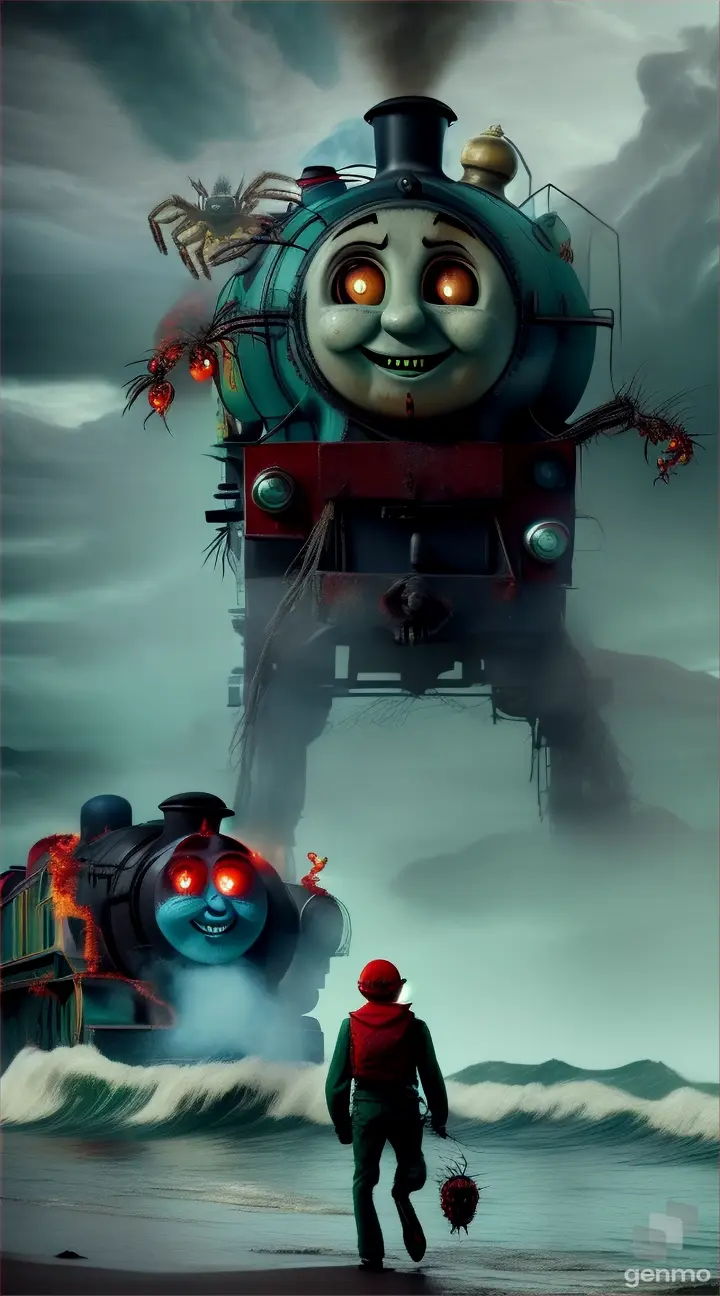 “A giant creepy (Thomas the tank engine)++, SPIDER LEGS TO IT, red liquid dripping out of the sharp teeth, PEOPLE RUNNING AWAY FROM IT, NEAR SEA”
Seed: 3750434854