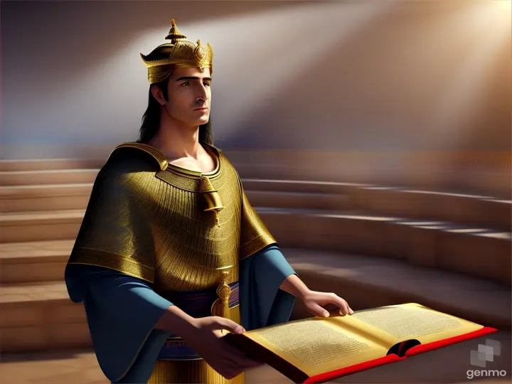 one male herald reads aloud, standing on the square, a scroll of the law in front of people. This man is wearing a long Babylonian robe. The action takes place in ancient Babylon. The style is realism, digital painting.