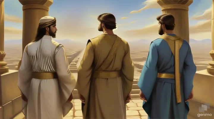 three young men are standing with their backs to the viewer, these three men are dressed in long Babylonian clothes, these men have medium-length hair.
 The action takes place in ancient Babylon. The style is realism, digital painting.