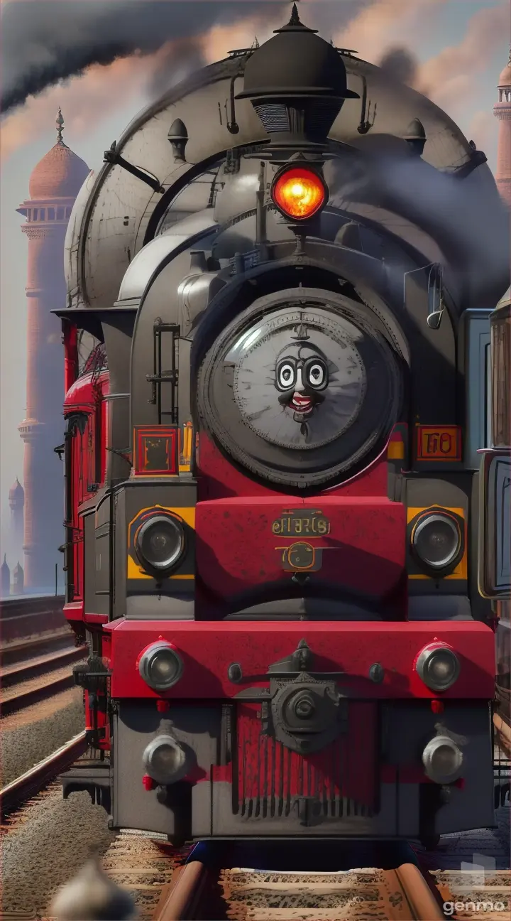 A (Thomas the train) with giant spider legs , red liquid dripping from the mouth all over it , background Taj mahal