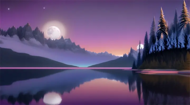 wolf looking at the 2 moons, one of the moons is violet, the other is blue, soft colors. wolf is on top of a mountain, there is a lake at the bottom and trees surround the area