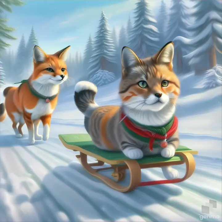 a painting of a cat riding a sled pulled by a fox