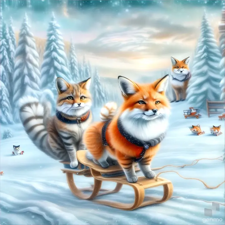 a painting of a cat and a fox on a sled