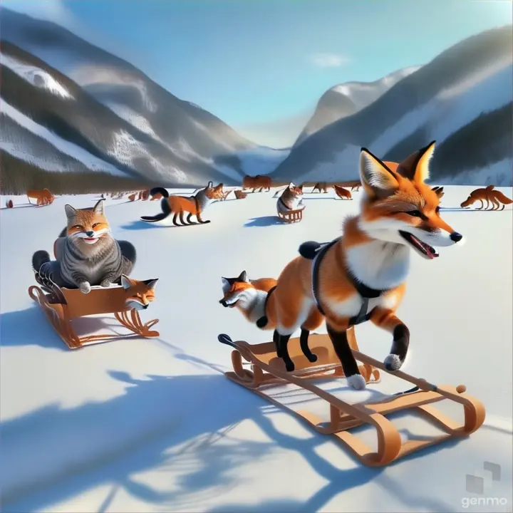 a cat riding on a sled being pulled by a fox