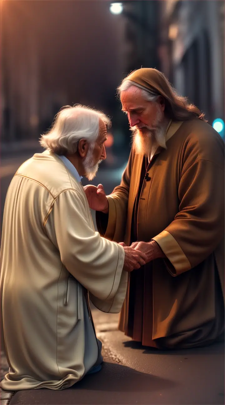 Jesus blessing blessing an old man kneeling in the dark street