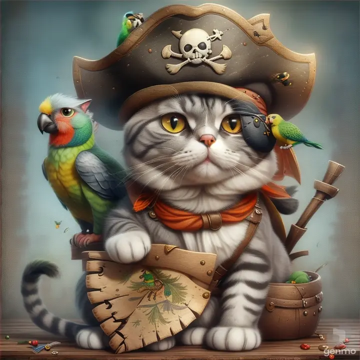 a cat with a pirate hat and a parrot