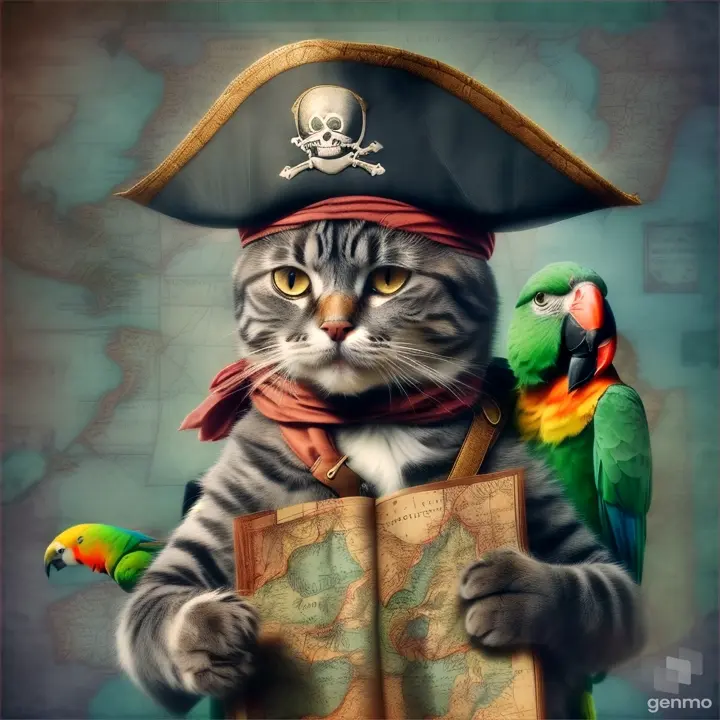 a cat wearing a pirate hat holding a map and a parrot