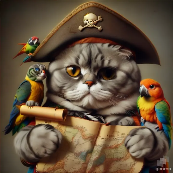 a cat wearing a pirate hat holding a map and two parrots