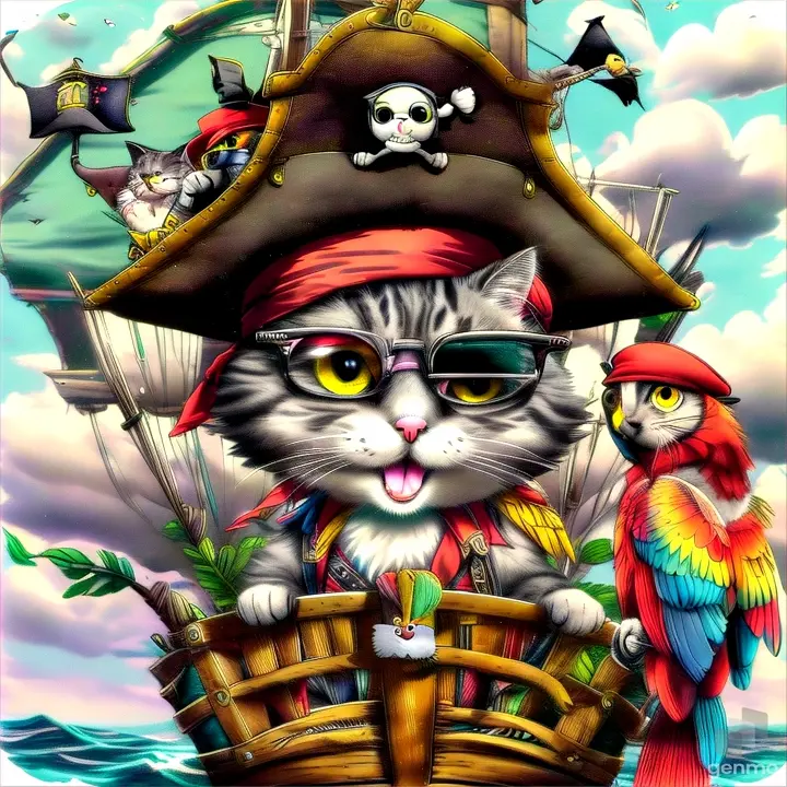 a cat in a pirate hat and eye glasses sitting on a boat with a parrot