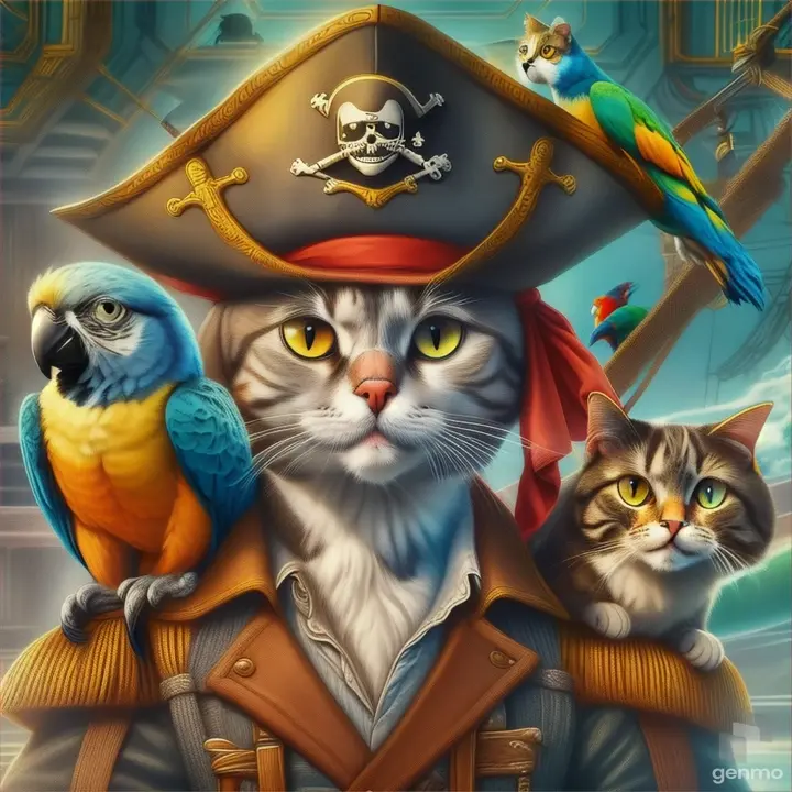 a painting of a cat and a parrot on a pirate ship