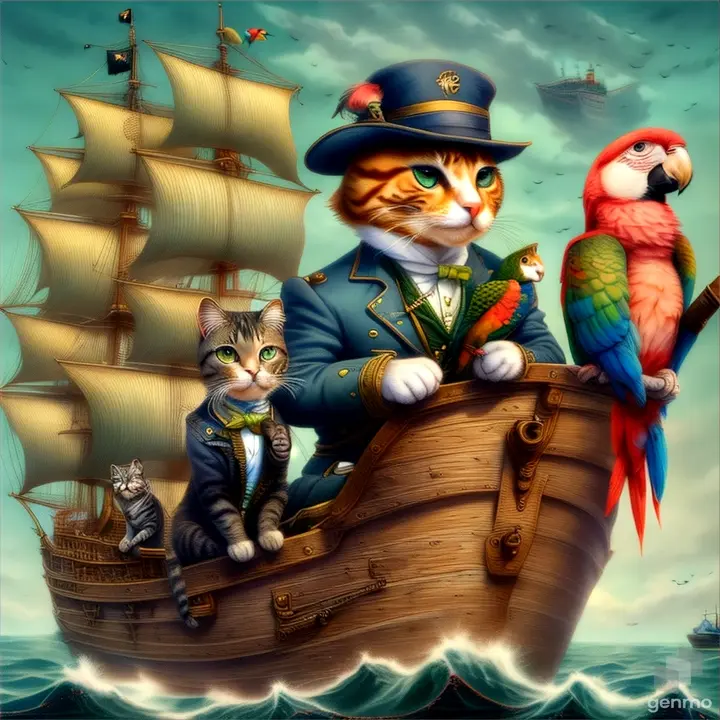 a painting of a cat and a parrot on a ship