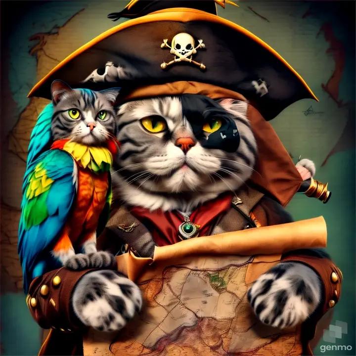 a cat in a pirate costume holding a map and a parrot