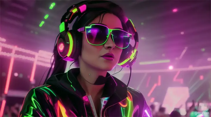 A female DJ in sunglasses, sparkling headphones and a latex jumpsuit with a large neckline, plays techno music, dances and sings a lot of people in the club. Laser beams of bright colors on the background of large television screens. 