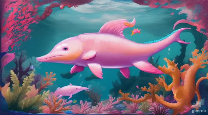In crystal-clear waters, a seahorse with keen eyes leads a brave pink dolphin warrior towards sunken treasure, surrounded by brightly colored coral and other sea life.cartoon illustration