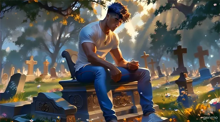 a man sitting on top of a bench in a cemetery