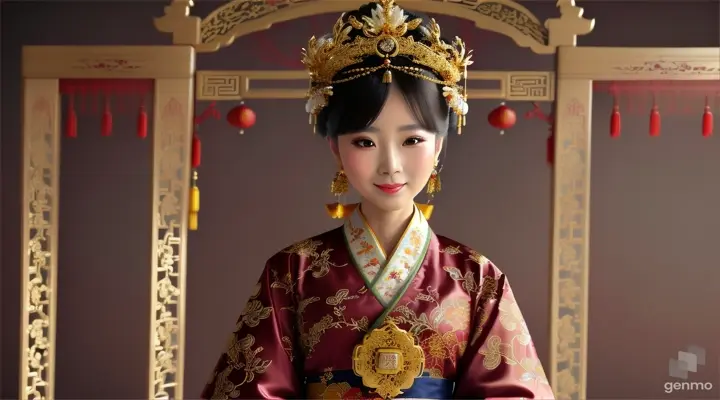 The image shows a character with a blurred face. Surrounded by the environment of the Chinese Dynasty Hall, the character is a beautiful female neck, sleeve, makeover, kimono, fashion design, beauty, jewellery, event, shimada, tradition dressed in a costume and headdressemperor, smiling happily. The head of the person in the picture was covered. There is a crown-like ornament on the head that looks luxuriously decorated. It had a luxuriously decorated appearance, with long flowing hair, large blue eyes, a slight smile, and wearing exquisite gold jewelry. horizontal image