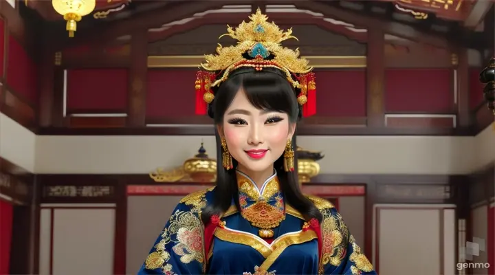 The image shows a character with a blurred face. Surrounded by the environment of the Chinese Dynasty Hall, the character is a beautiful female neck, sleeve, makeover, kimono, fashion design, beauty, jewellery, event, shimada, tradition dressed in a costume and headdressemperor, smiling happily. The head of the person in the picture was covered. There is a crown-like ornament on the head that looks luxuriously decorated. It had a luxuriously decorated appearance, with long flowing hair, large blue eyes, a slight smile, and wearing exquisite gold jewelry. horizontal image