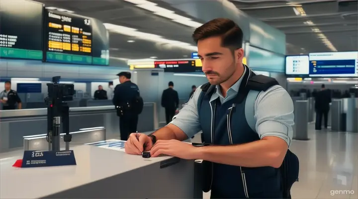 Airport cheking counter toking one man in public