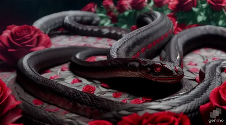 A massive serpent with crimson markings among a bed of deep red roses, the scene bathed in shadows