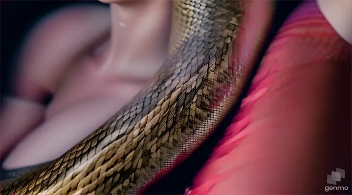 A close-up of a woman in a snake-skin dress surrounded by rose petals. The snake wrapping around her and the roses have been enhanced to appear iridescent.