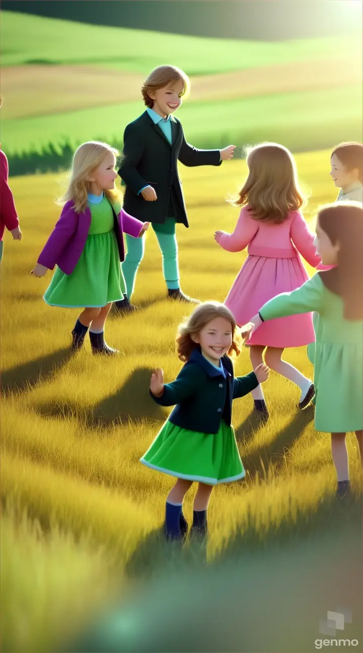 Children dancing wearing colourful wool jackets in a green field and black sheeps standing and grazing around them