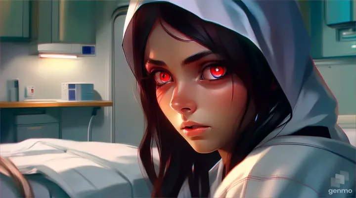 a woman with red eyes in a hospital room