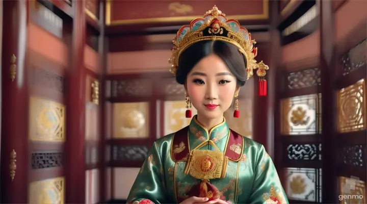 The image shows a character with a blurred face. Surrounded by the environment of the Chinese Dynasty Hall, the character is a beautiful female neck, sleeve, makeover, kimono, fashion design, beauty, jewellery, event, shimada, tradition dressed in a costume and headdressemperor, smiling happily. The head of the person in the picture was covered. There is a crown-like ornament on the head that looks luxuriously decorated. It had a luxuriously decorated appearance, with long flowing hair, large blue eyes, a slight smile, and wearing exquisite gold jewelry. horizontal image