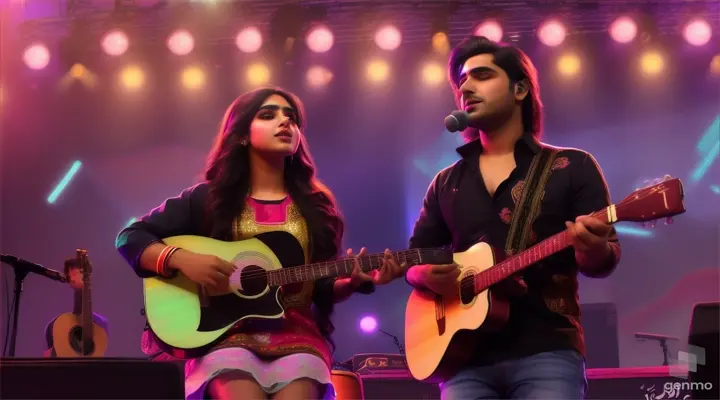 a Pakistani beautiful girl singing on stage and a Pakistani beautiful man playing guitar ,stage setup with neon back ground ,full view ,video ratio 16:9
