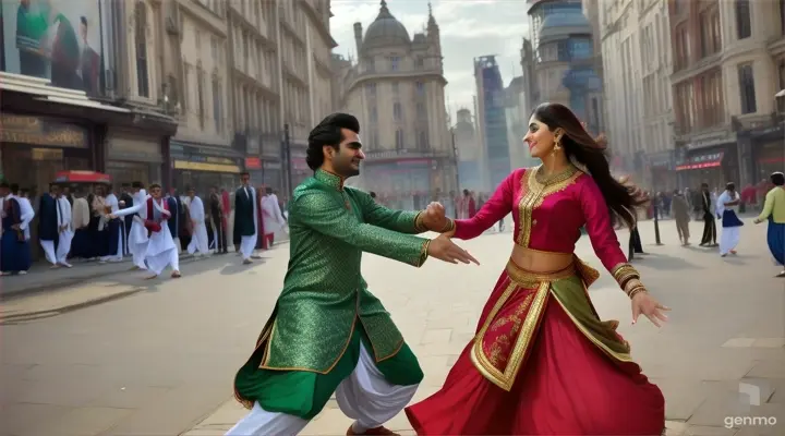 a Pakistani beautiful couple dancing in London streets ,video ratio 16:9 ,full beautiful view