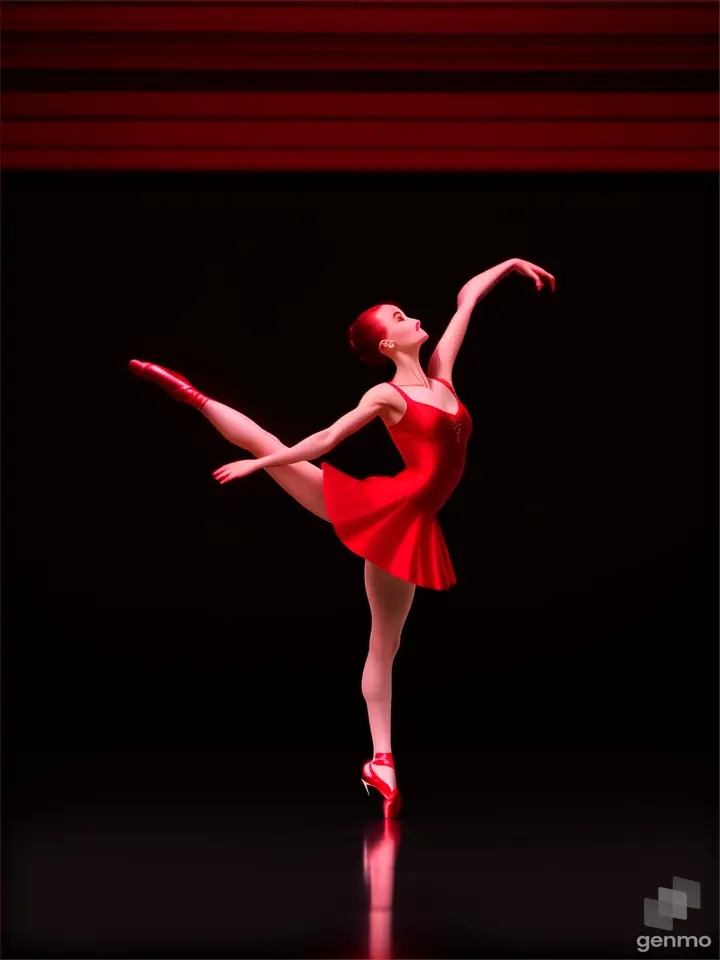 woman in a red dress.  A ballerina in a red dress is walking high on the stage and spinning in the air.  The background is completely green and is used as a chrome key.  overall plan