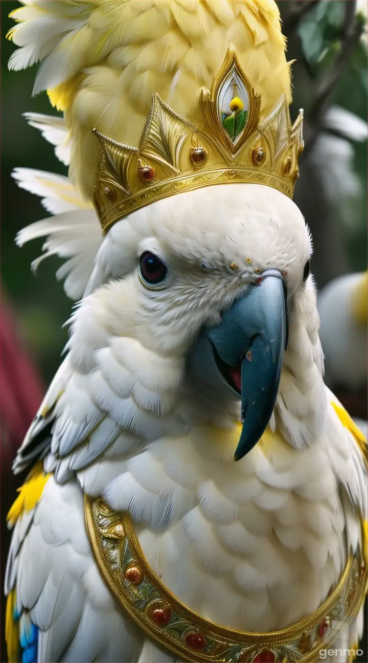 a white parrot with a yellow crown