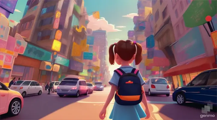 an animated cute little girl in a big city