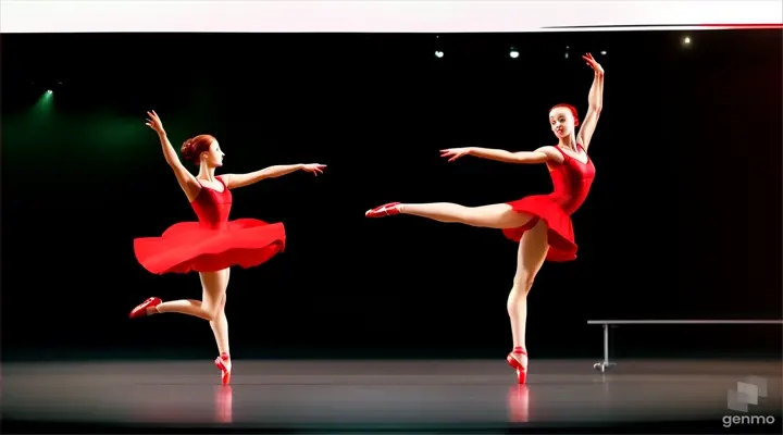 woman in a red dress.  woman in a red dress.  woman in a red dress.  a ballerina in a red dress runs across the stage, a ballerina in a red dress, a ballerina in a red dress jumps high and spins in the air.  The background is completely green and is used as a green chrome key.  overall plan